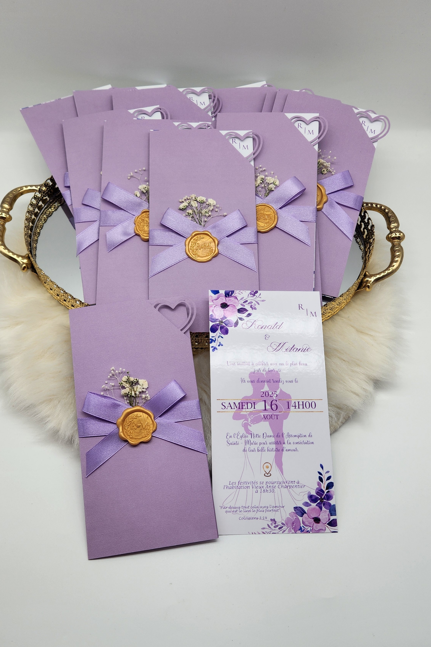 Faire-part de mariage pochette colorée avec carte personnalisée "Modèle Violetta"