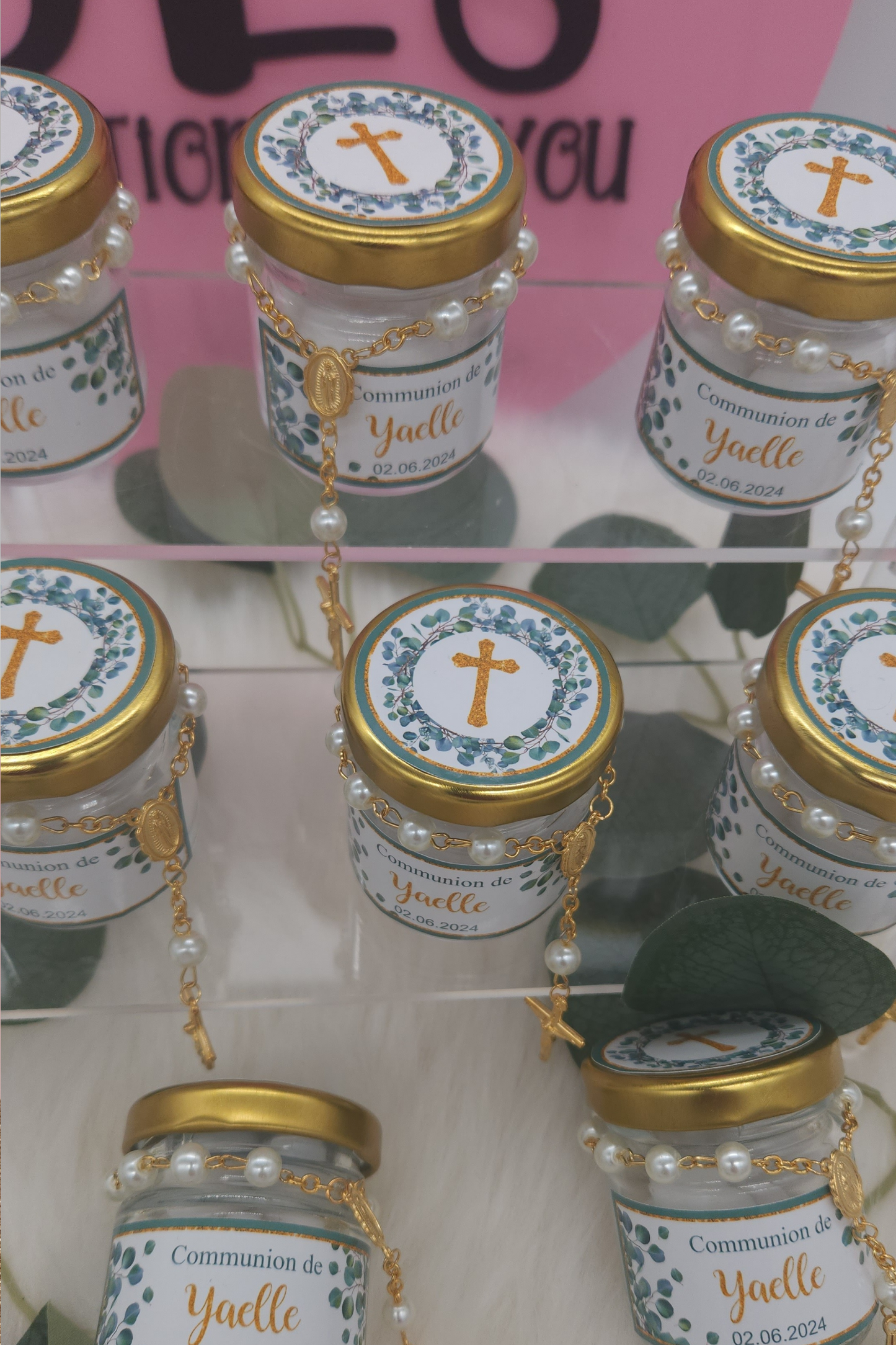 Pot en verre personnalisé avec mini chapelet ou cuillère à miel