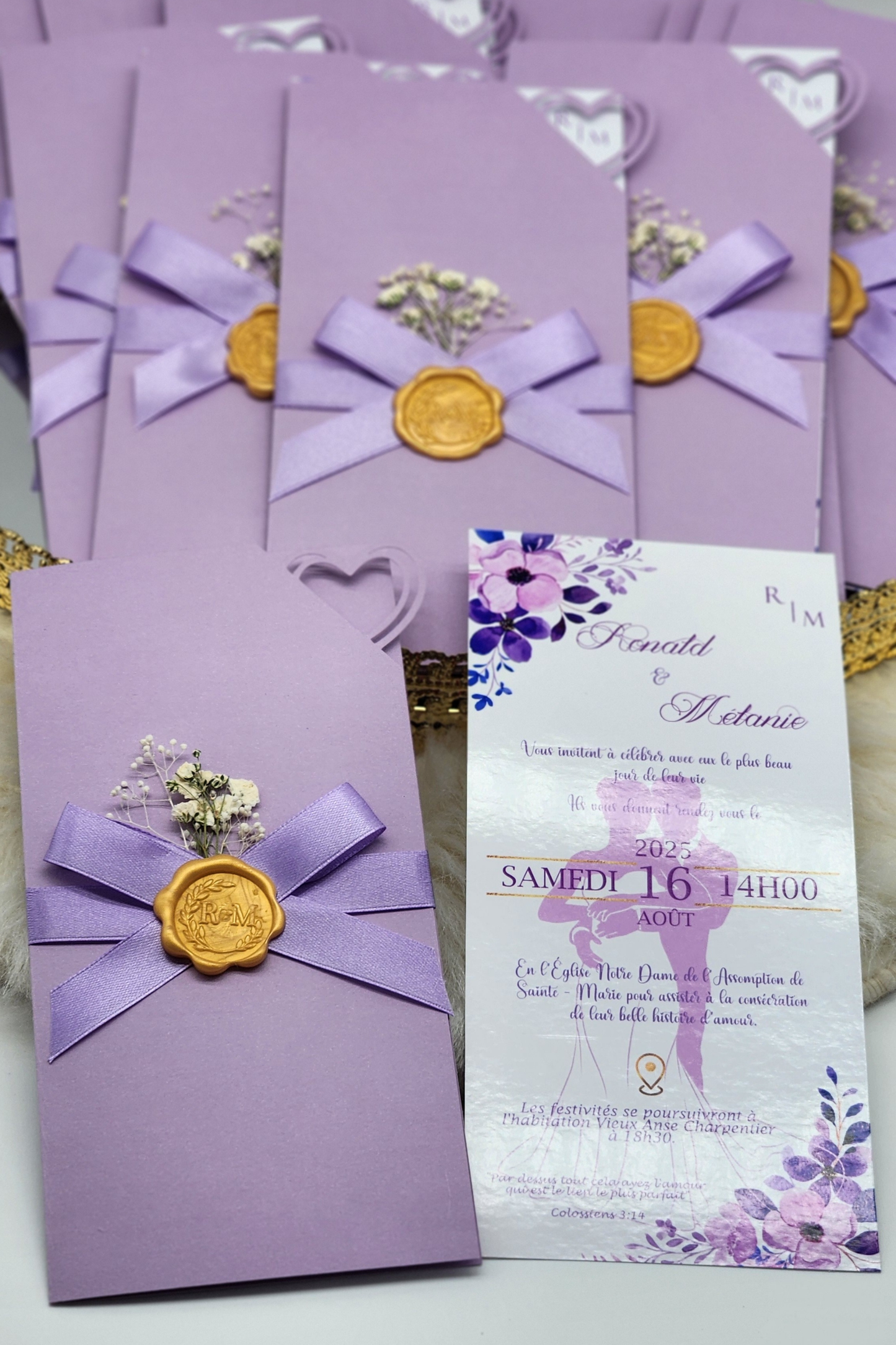 Faire-part de mariage pochette colorée avec carte personnalisée "Modèle Violetta"