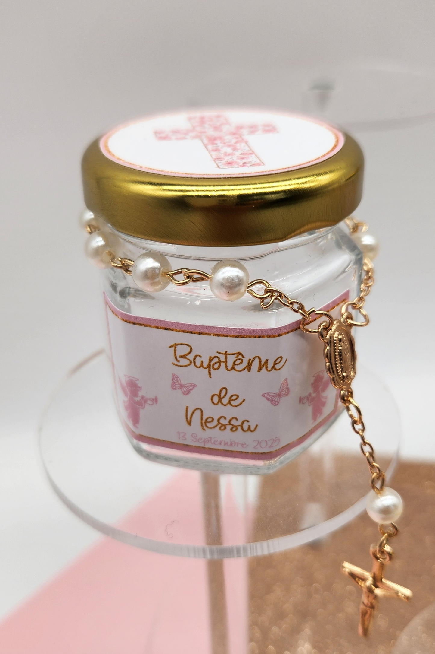 Pot en verre personnalisé avec mini chapelet ou cuillère à miel