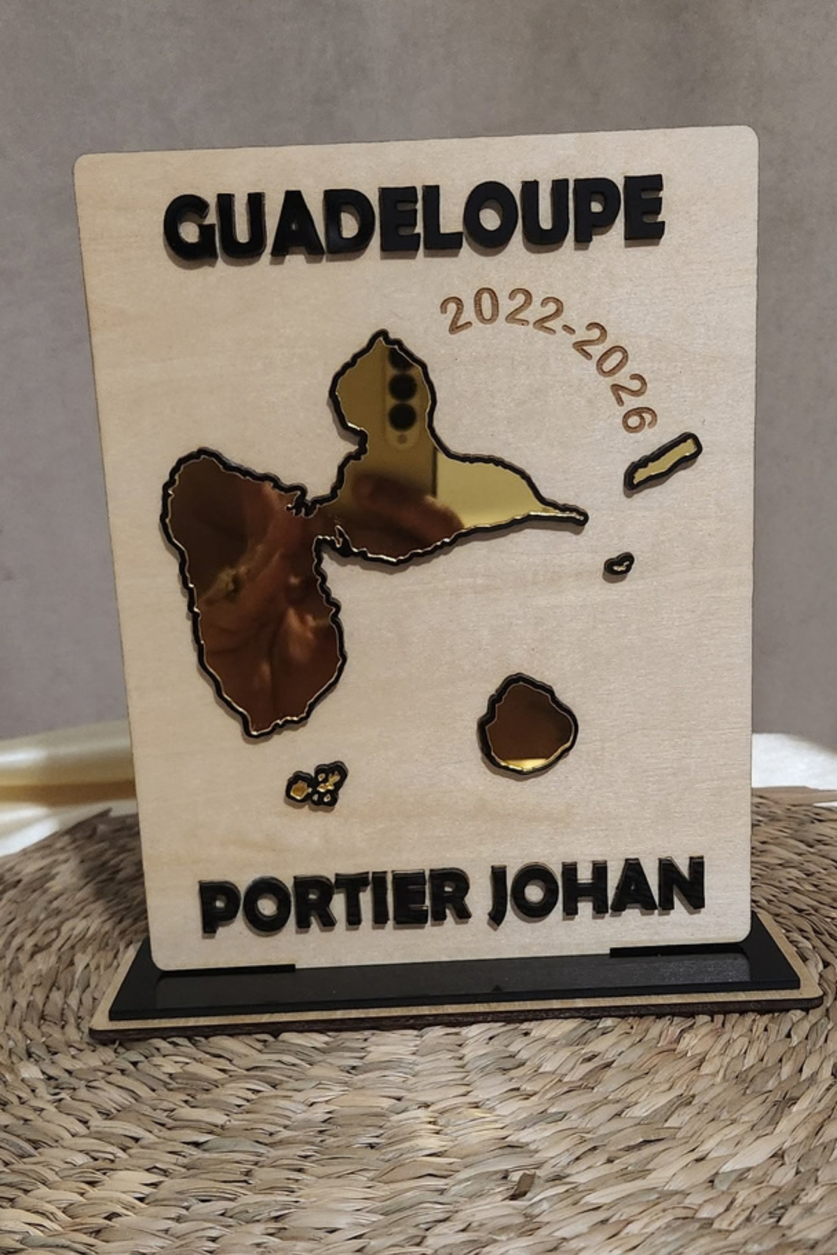 Plaque souvenir personnalisée en bois & plexiglass miroir