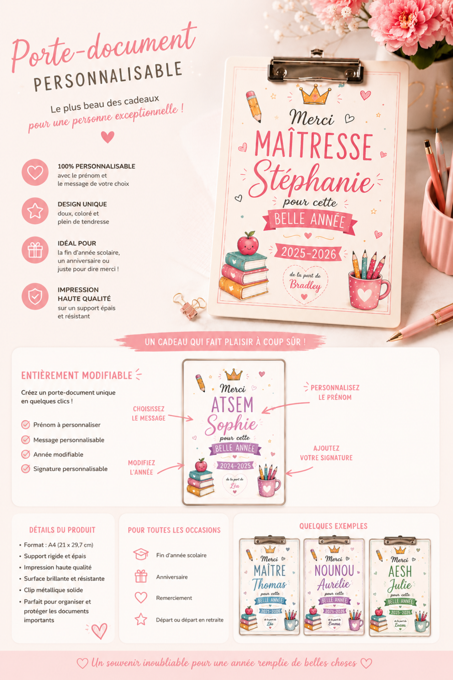 Porte-document en métal personnalisé maîtresse, maître, nounou, atsem, aesh