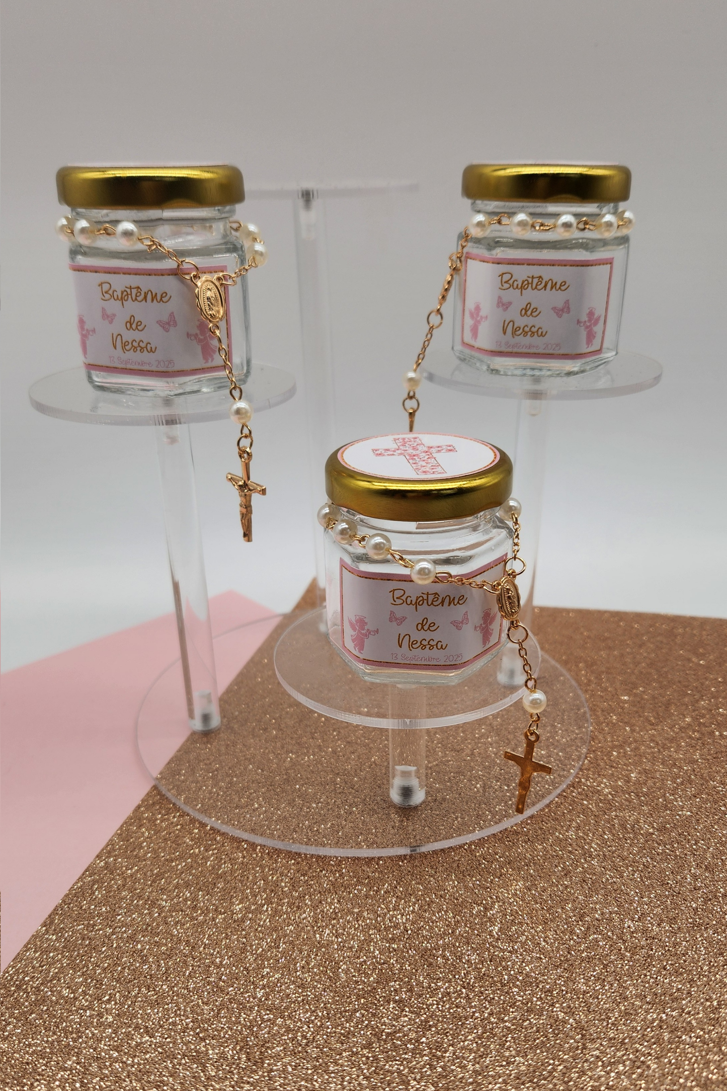 Pot en verre personnalisé avec mini chapelet ou cuillère à miel