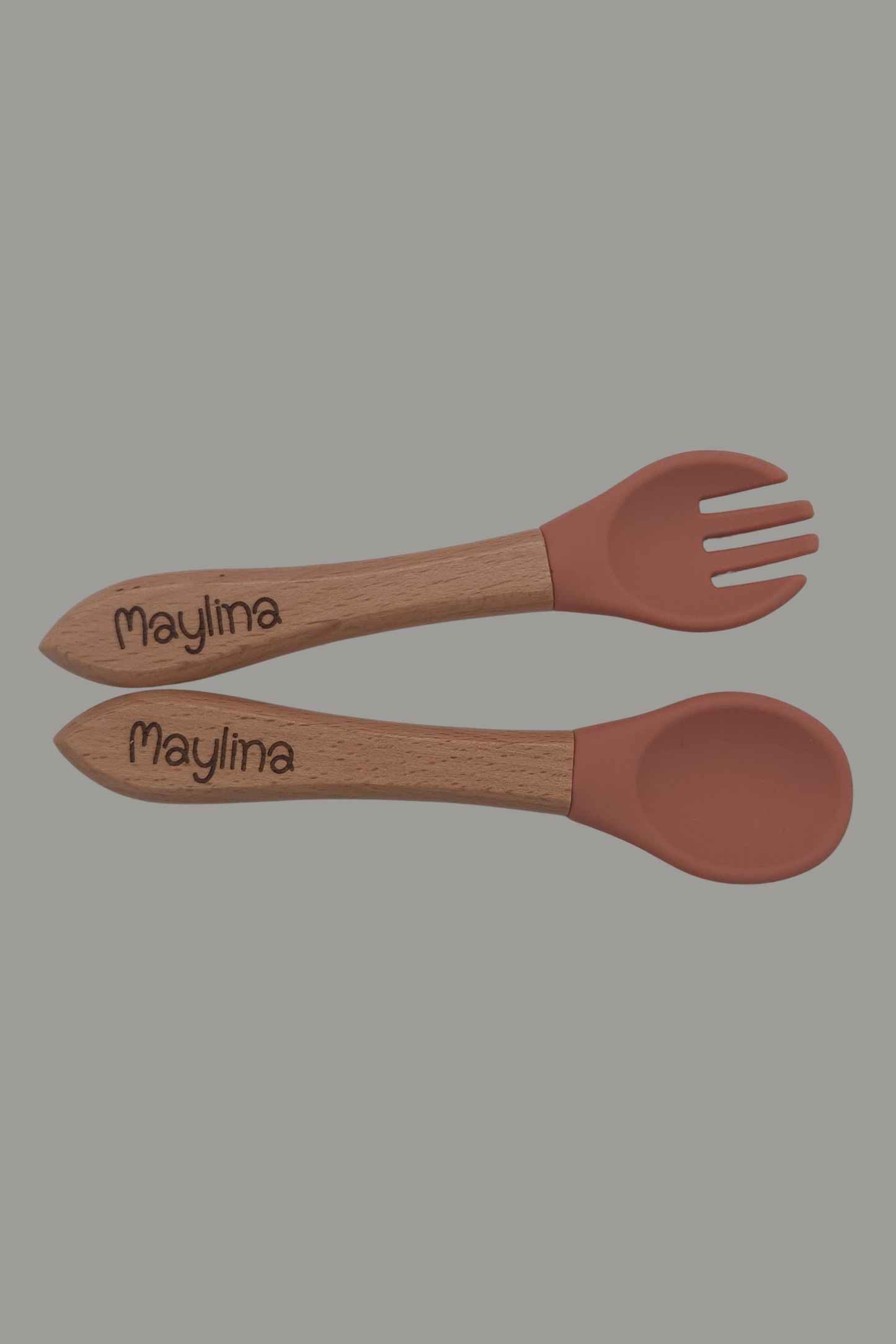 Set de couverts bébé en silicone & bois Personnalisé