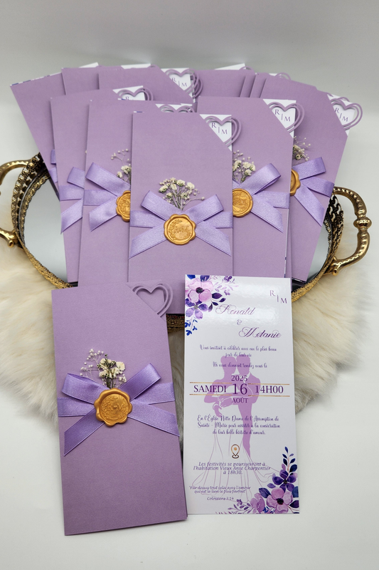 Faire-part de mariage pochette colorée avec carte personnalisée "Modèle Violetta"