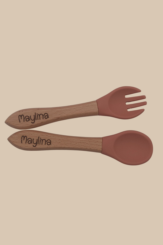 Set de couverts bébé en silicone & bois Personnalisé