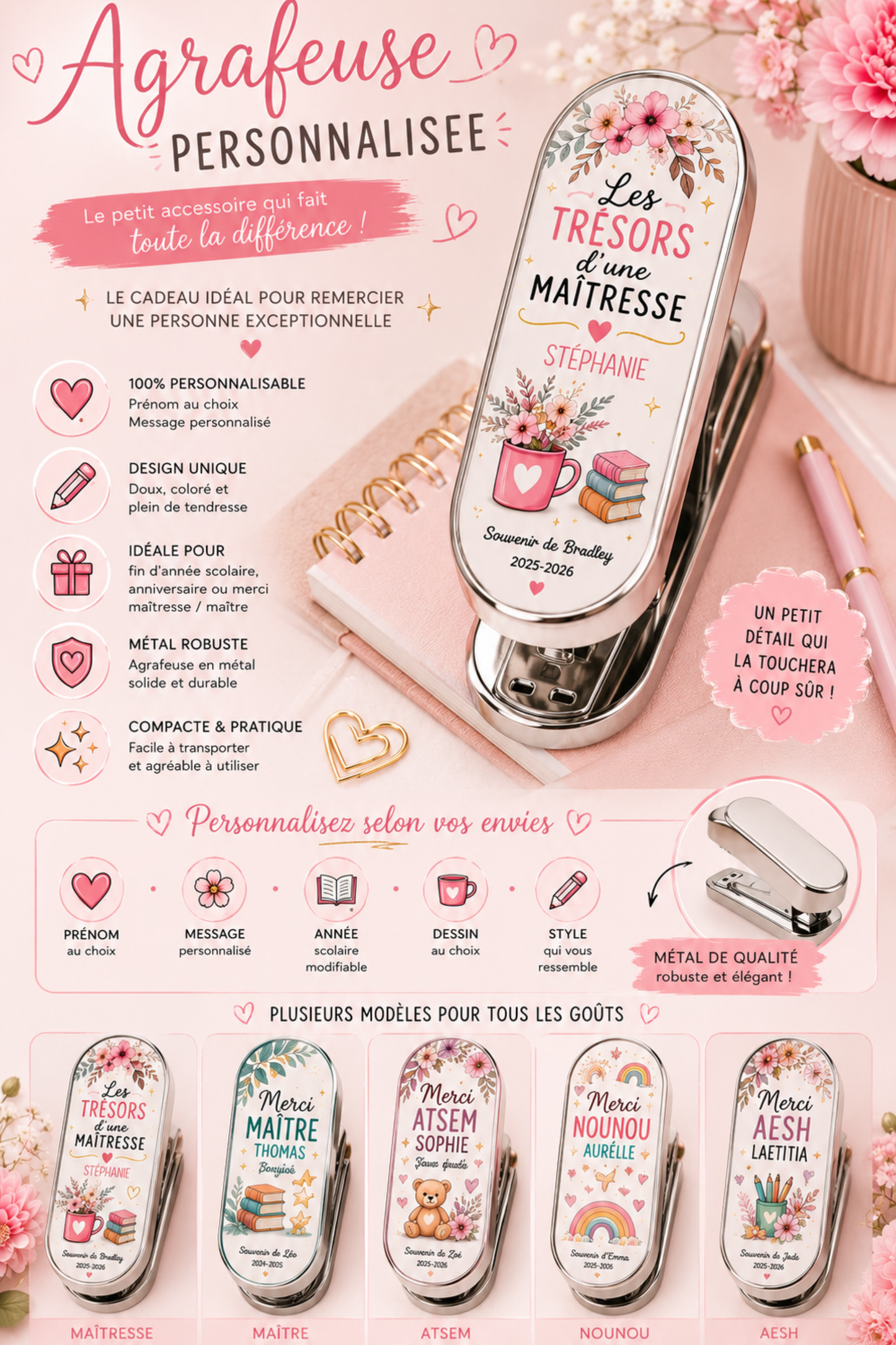 Agrafeuse en métal personnalisée maîtresse, maître, nounou, atsem