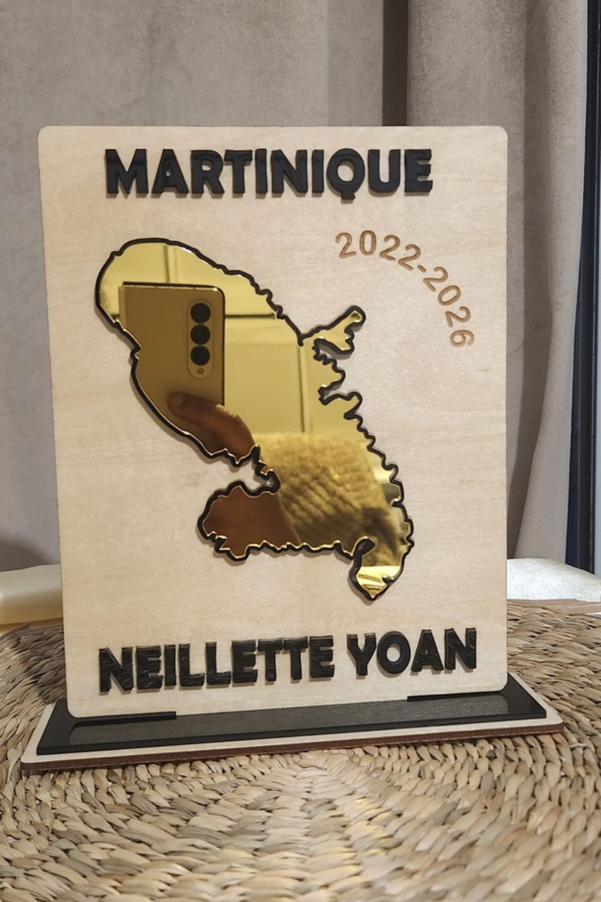 Plaque souvenir personnalisée en bois & plexiglass miroir