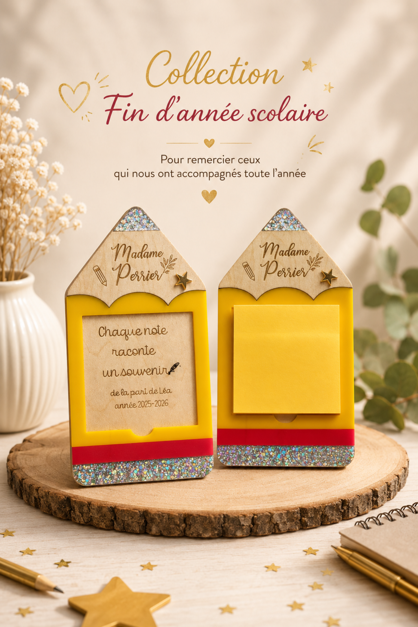 Porte Post-it personnalisé en forme de crayon jaune