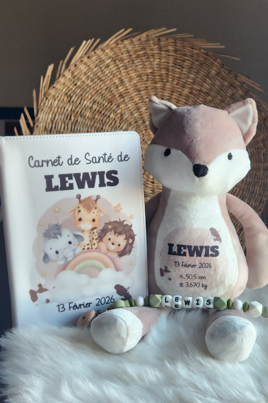 Coffret naissance personnalisé, Étui carnet de santé, peluche & attache tétine